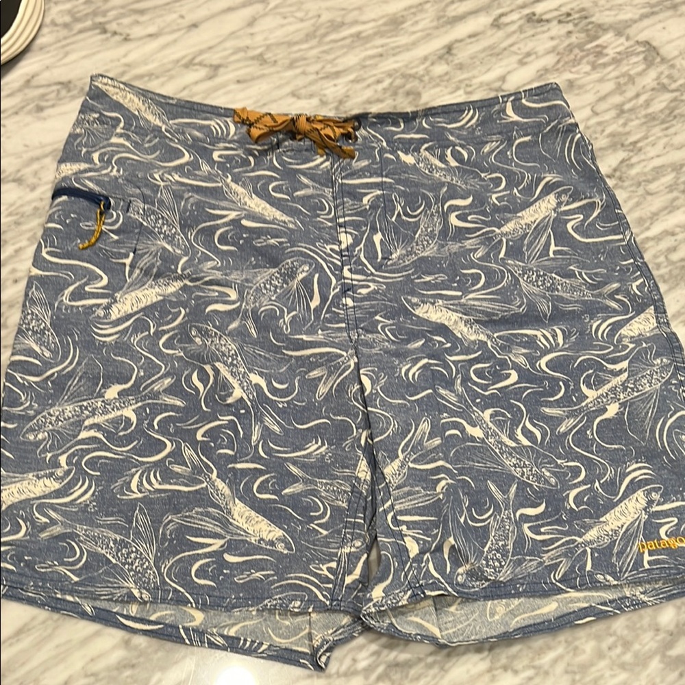 Patagonia Blue and White Dynamic Board Shorts